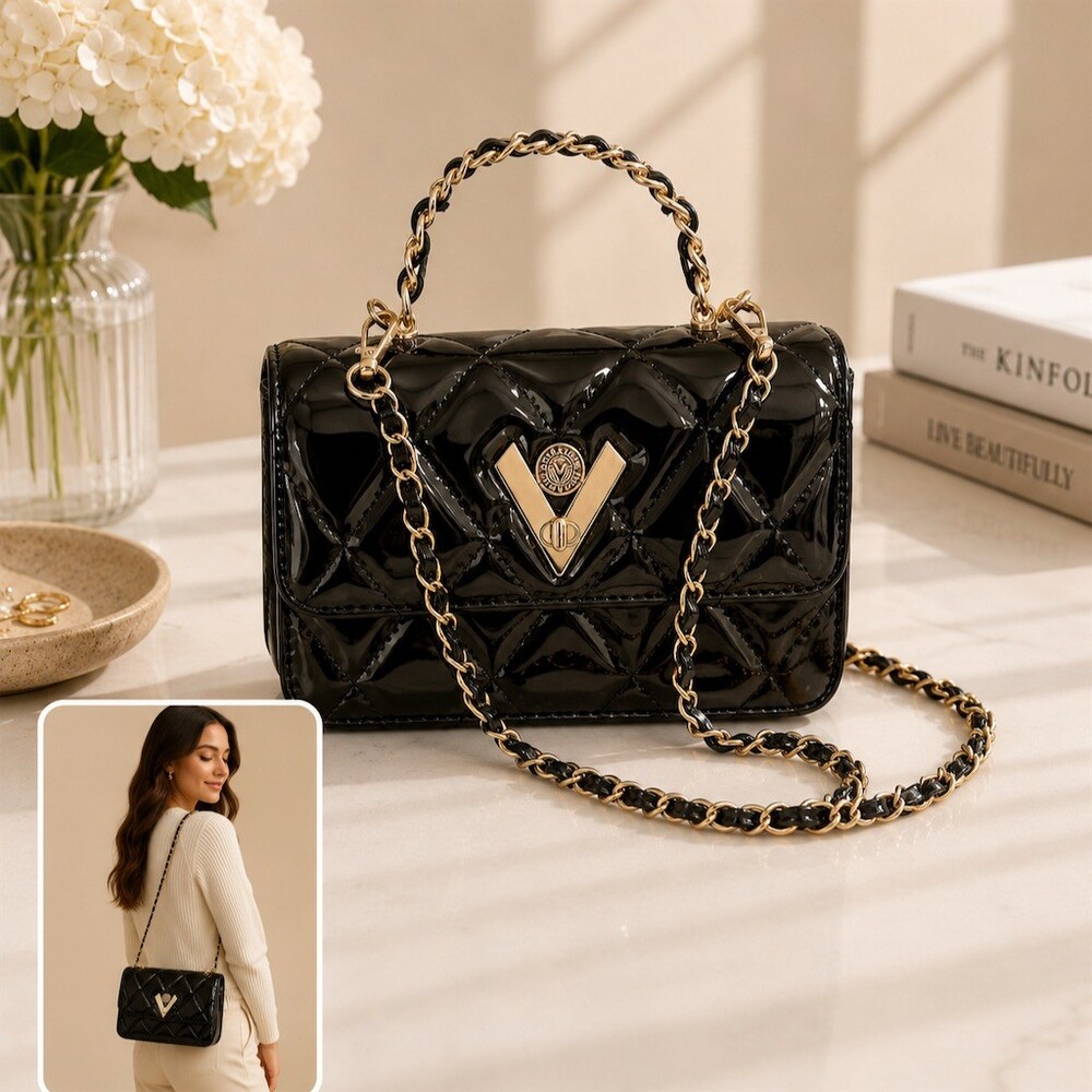 $349 Valentino Orlandi Bag Womens Black Quilted Patent Crossbody Gold Chain new